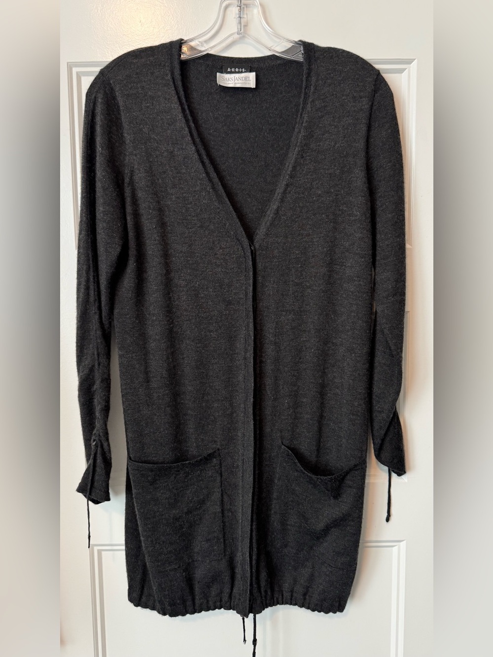 Akris for Saks Jandel Cashmere Silk Long Cardigan Gray Drawstring Sweater